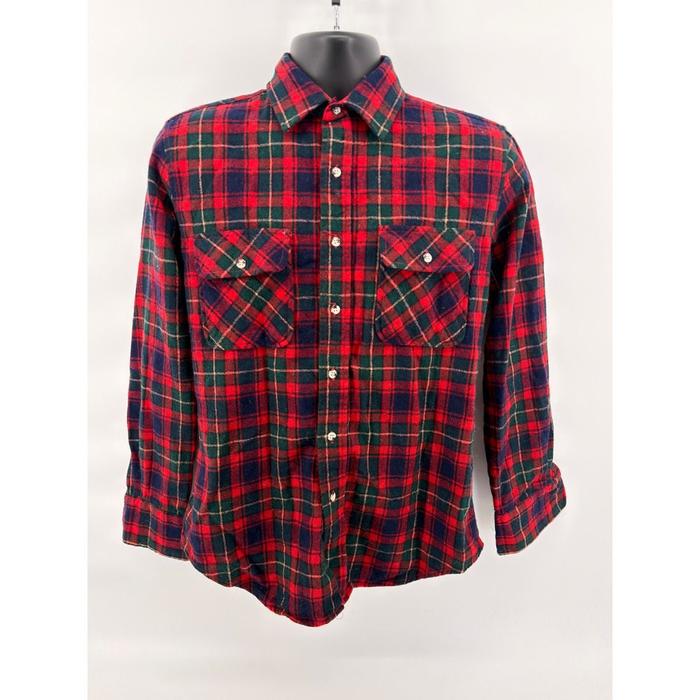 VTG St.John's Bay Wool Blend Flannel Shirt Mens M Plaid Red Navy Green Yellow